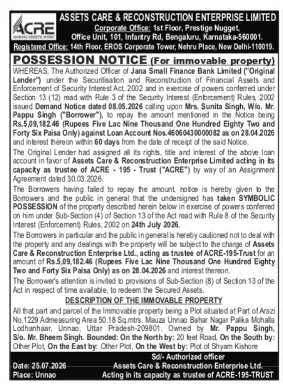 Possession Notice by ACRE Limited