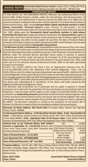 Possession Notice by Anand Rathi Global Finance Limited