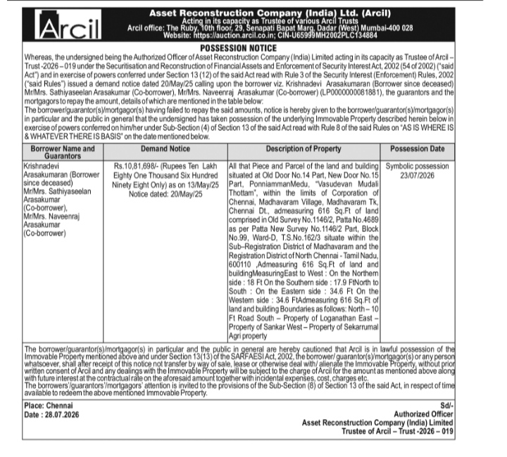 Possession Notice by Arcil for Property in Madhavaram, Chennai