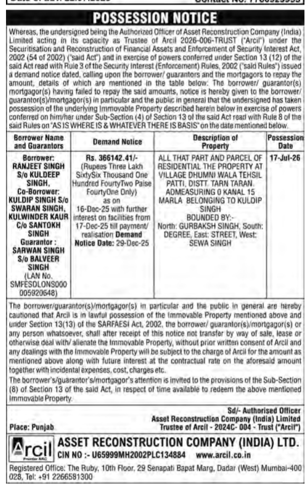 Possession Notice by Asset Reconstruction Company (India) Limited (Arcil) for Ranjeet Singh