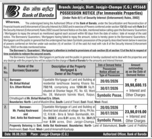 Possession Notice by Bank of Baroda for Immovable Properties