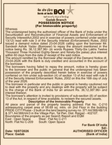 Possession Notice by Bank of India for Immovable Property (Flat No. C-210, Raigad)