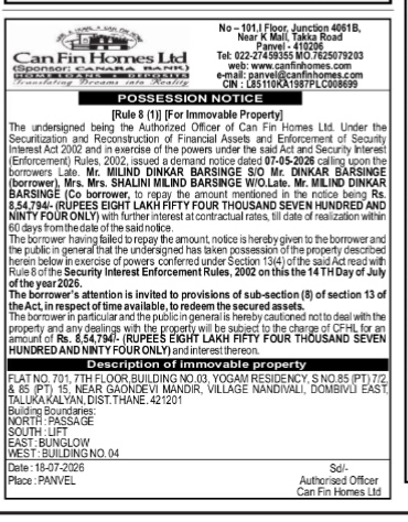Possession Notice by Can Fin Homes Ltd