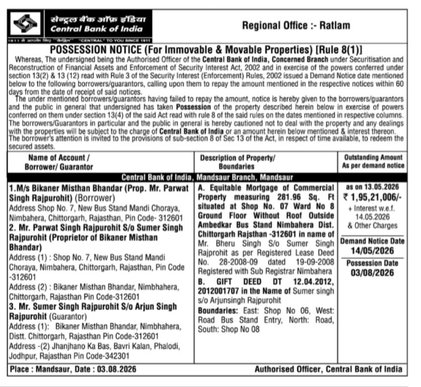 Possession Notice by Central Bank of India (Ratlam Regional Office)