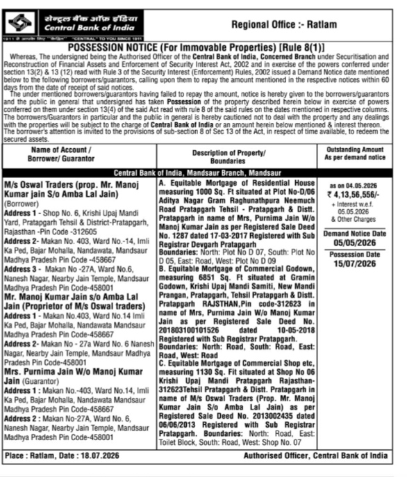 Possession Notice by Central Bank of India (Regional Office: Ratlam)