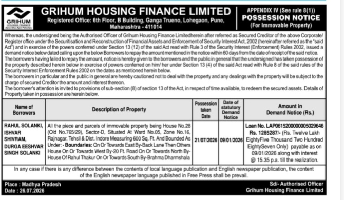 Possession Notice by Grihum Housing Finance Limited