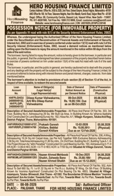 Possession Notice by Hero Housing Finance Limited