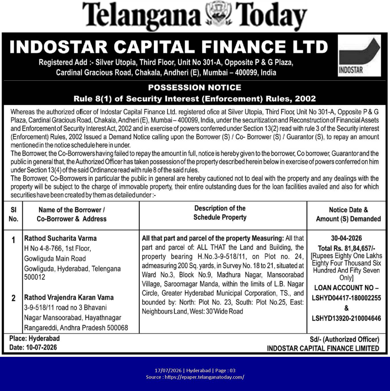 Possession Notice by Indostar Capital Finance Ltd