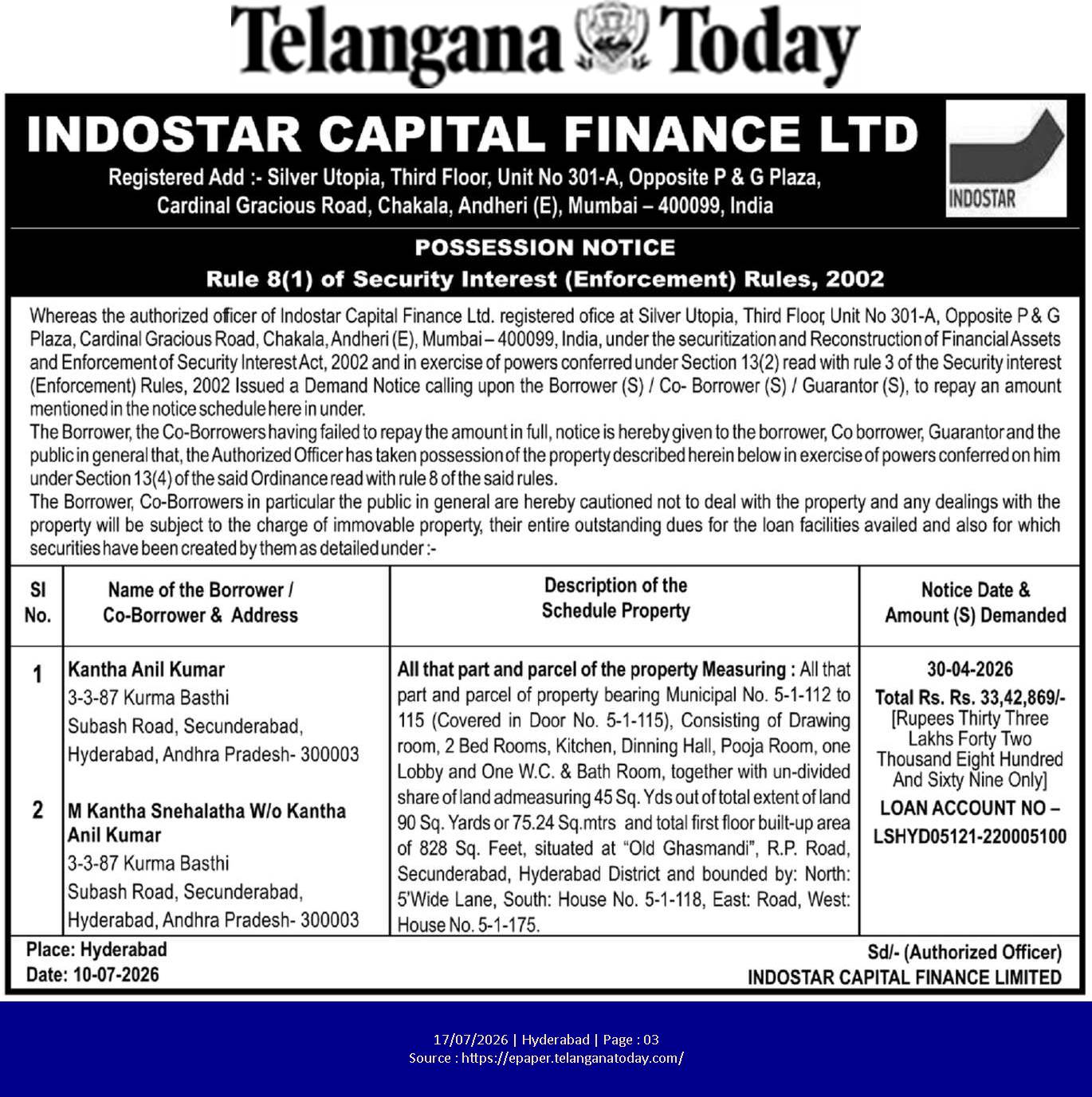 Possession Notice by Indostar Capital Finance Ltd