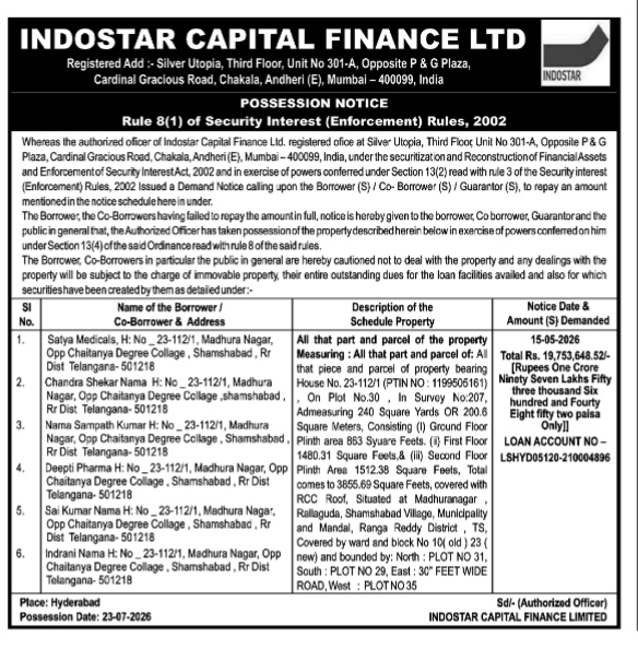 Possession Notice by Indostar Capital Finance Ltd
