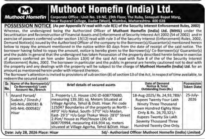 Possession Notice by Muthoot Homefin (India) Ltd. for Property in Hisar