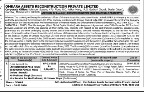Possession Notice by Omkara Assets Reconstruction Private Limited