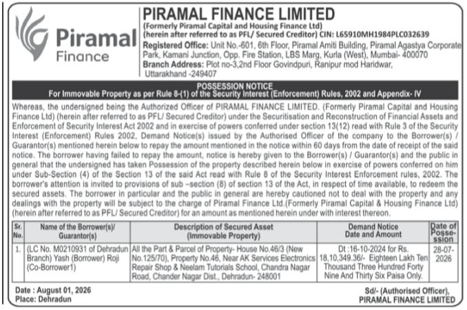 Possession Notice by Piramal Finance Limited