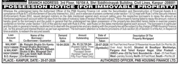 Possession Notice by PNB Housing Finance Ltd. for Property in Kanpur