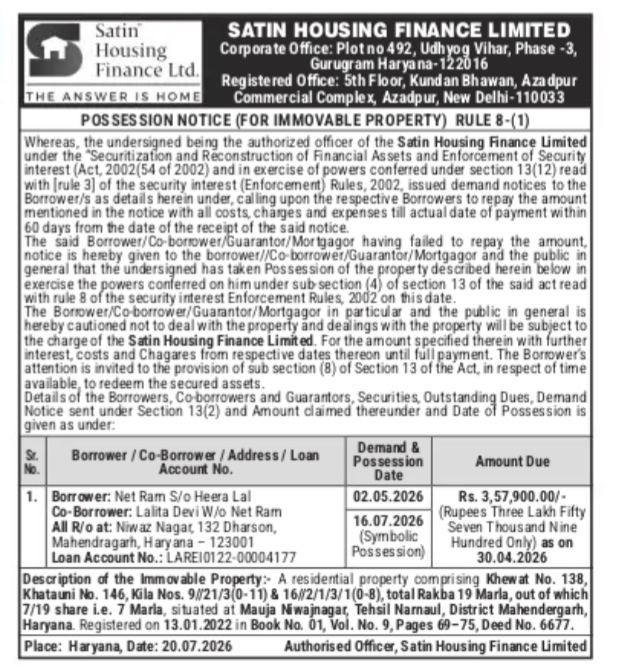 Possession Notice by Satin Housing Finance Limited for Net Ram and Lalita Devi