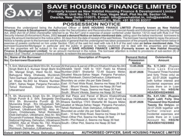 Possession Notice by SAVE Housing Finance Limited