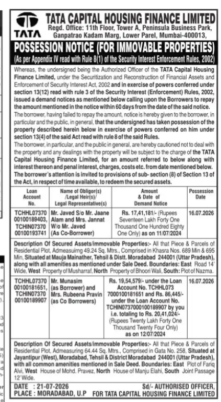 Possession Notice by Tata Capital Housing Finance Limited