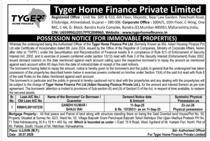 Possession Notice by Tyger Home Finance Private Limited