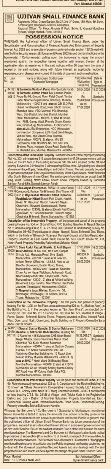 Possession Notice by Ujjvan Small Finance Bank