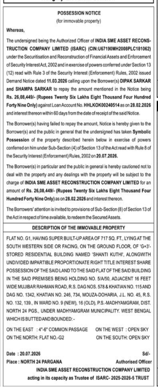 Possession Notice: Flat No. G1, 'Shanti Kuthi', Madhyamgram