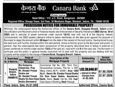 Possession Notice for Immovable Property by Canara Bank
