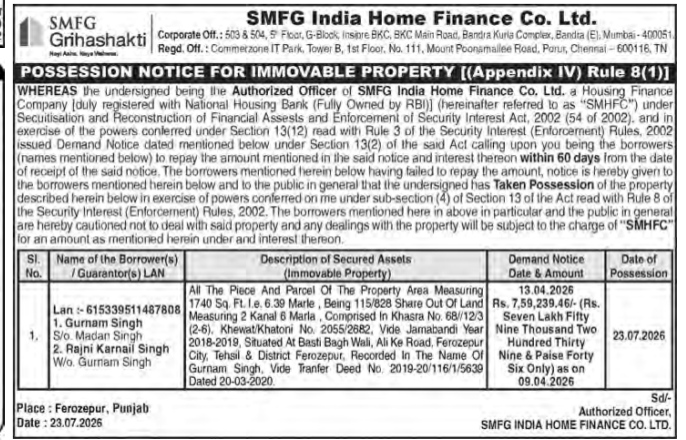 Possession Notice for Immovable Property by SMFG India Home Finance Co. Ltd.