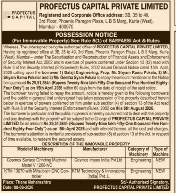POSSESSION NOTICE (For Immovable Property)" issued by Profectus Capital Private Limited under the SARFAESI Act.