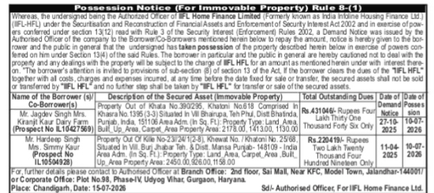 Possession Notice (For Immovable Property) issued under Rule 8-(1) of the SARFAESI Act, 2002.