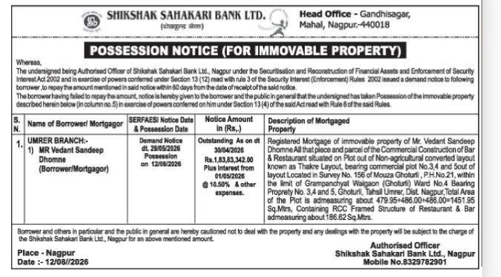 Possession Notice for Immovable Property – Shikshak Sahakari Bank Ltd.