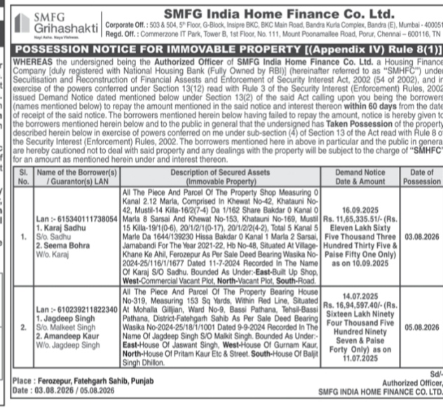 Possession Notice for Immovable Property (SMFG India Home Finance Co. Ltd.)