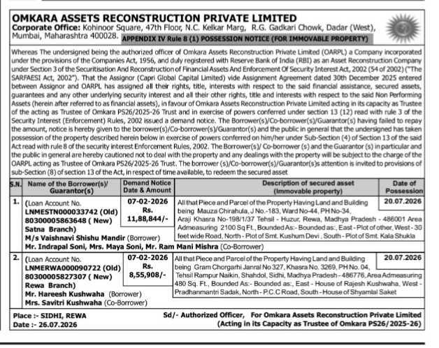 Possession Notice (For Immovable Property)