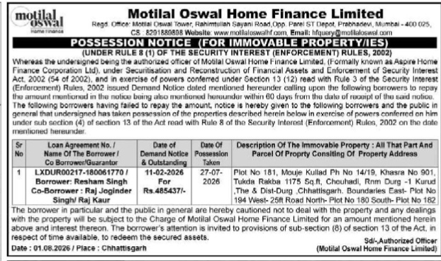 Possession Notice for Immovable Property
