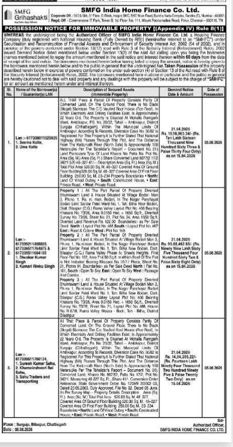 Possession Notice for Immovable Property