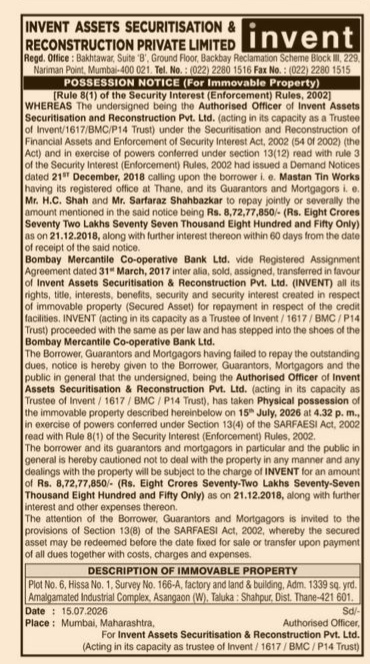 Possession Notice for Mastan Tin Works (SARFAESI Act)
