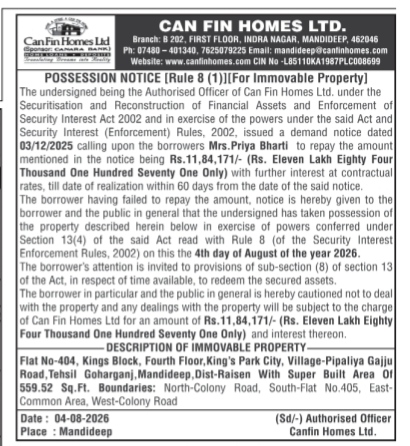 Possession Notice for Mrs. Priya Bharti (Can Fin Homes Ltd.)