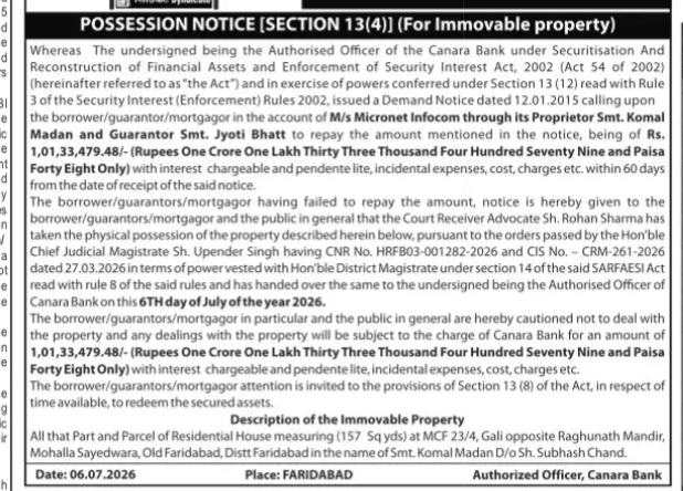 POSSESSION NOTICE from canara bank about immovable sale property