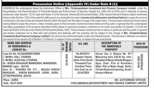 POSSESSION NOTICE from cholamandalam investment and finance company