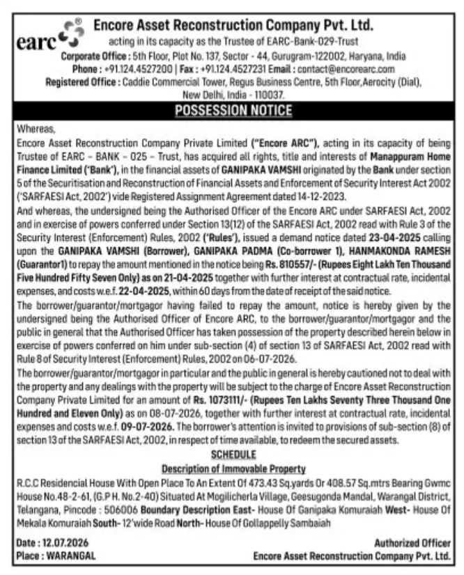 POSSESSION NOTICE from ENCORE ASSET RECONSTRUCTION
