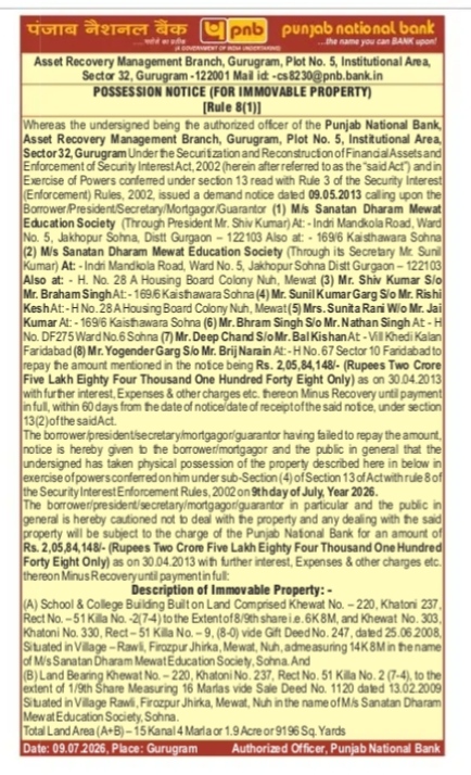 POSSESSION NOTICE -FROM PUNJAB NATIONAL BANK