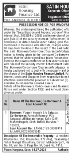 POSSESSION NOTICE FROM SATIN HOUSING FINANCE