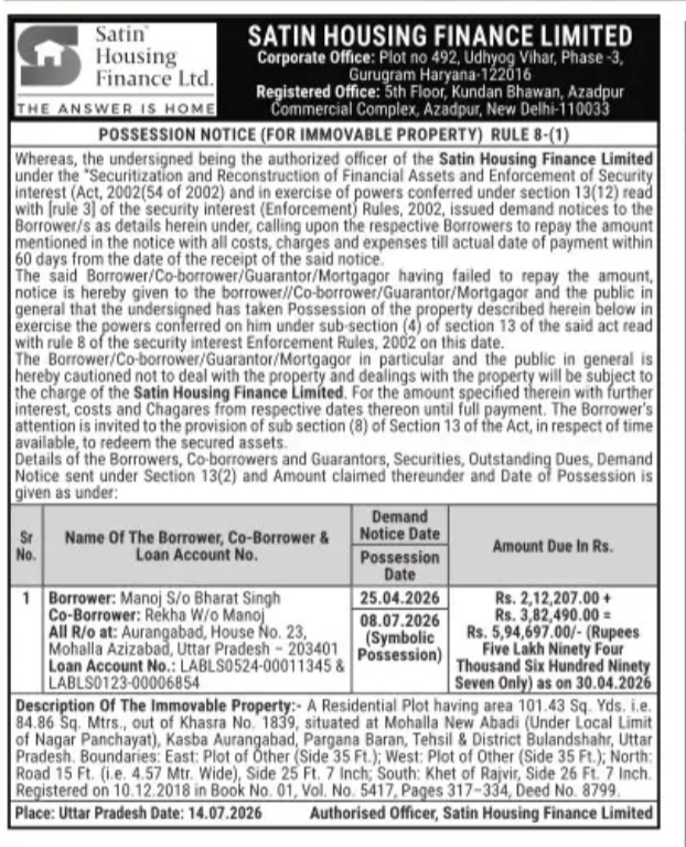 POSSESSION NOTICE FROM SATIN HOUSING FINANCE