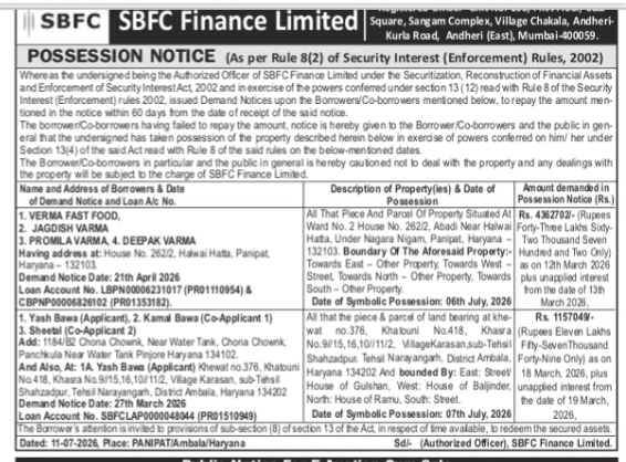 POSSESSION NOTICE FROM SBFC FINANCE LIMITED