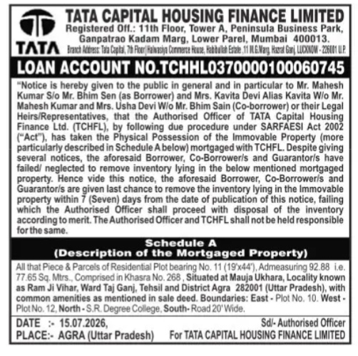 POSSESSION NOTICE FROM TATA CAPITAL HOUSING FINANCE LTD