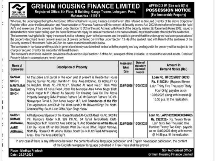 Possession Notice: Grihum Housing Finance Limited