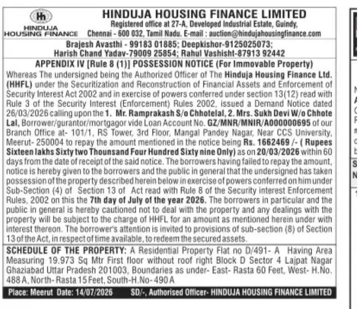 POSSESSION NOTICE - HINDUJA HOUSING FINANCE