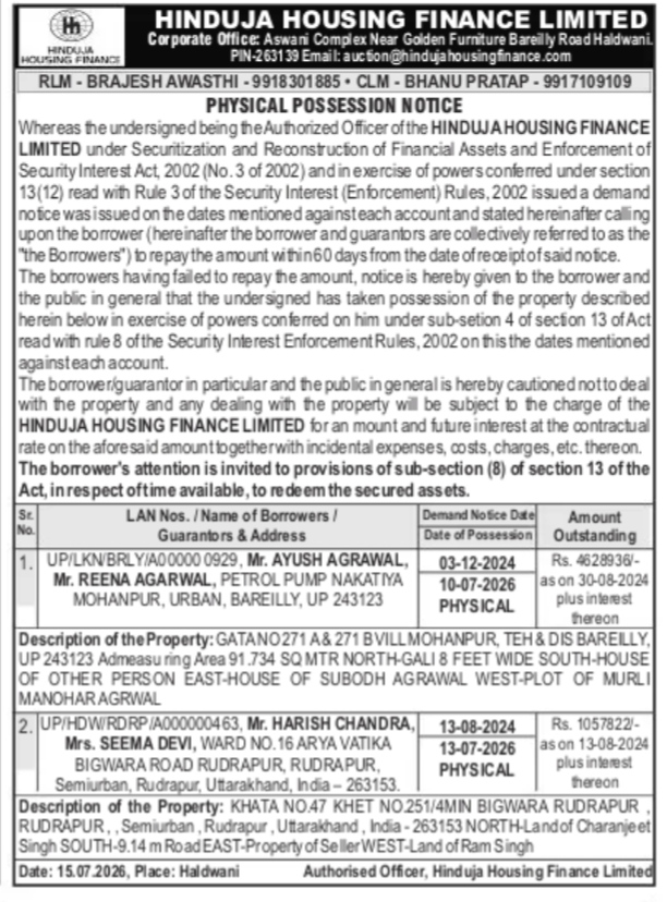 Possession Notice – Hinduja Housing Finance