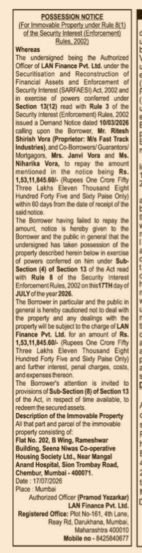 POSSESSION NOTICE - IMMOVABLE PROPERTY