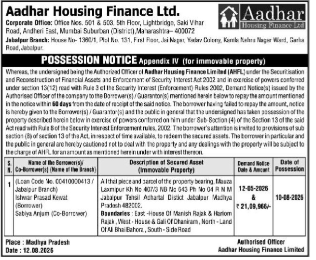 Possession Notice issued by Aadhar Housing Finance Ltd. under SARFAESI Act 2002 for a property in Jabalpur, Madhya Pradesh