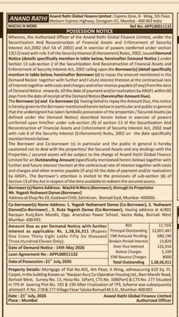 Possession Notice issued by Anand Rathi Global Finance Limited for Machli N More