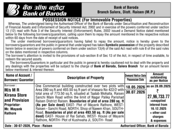 Possession Notice issued by Bank of Baroda to M/s M R Kirana Store and Provision.